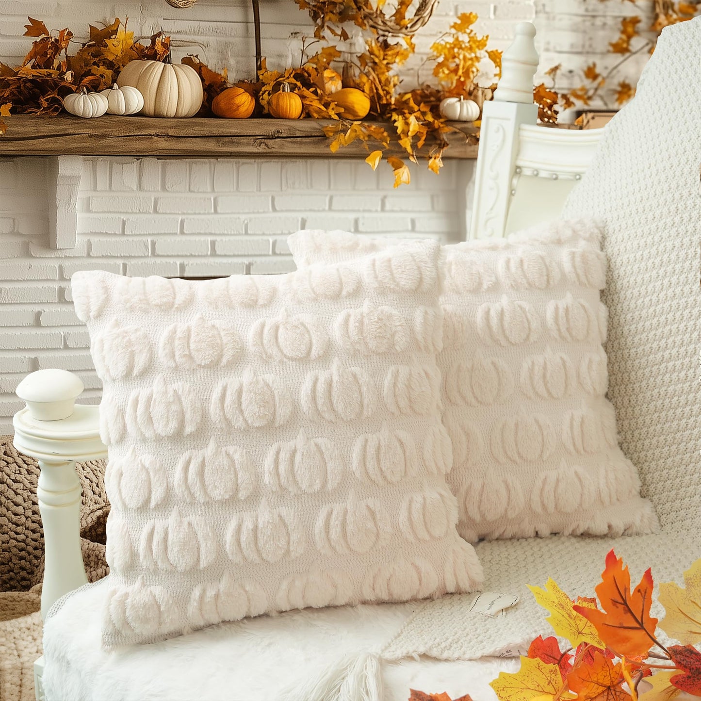 GEEORY Fall Pillow Covers 18 x 18 Inch Set of 2, Fall Decorations Pumpkins Soft Plush Fluffy Faux Fur Wool Decorative Autumn Thanksgiving Farmhouse Cushion Case for Sofa Beige GC002-18