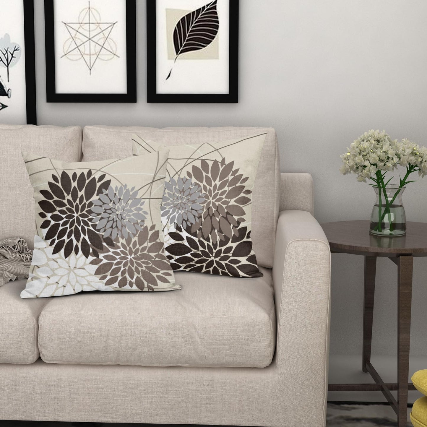 Dark Brown Flower Pillow Covers 18x18 Grey Gray White Dahlia Floral Spring Decorative Throw Pillows Farmhouse Outdoor Seasonal Decor for Home Sofa Bed Couch Modern Square Cushion Cases, Set of 2
