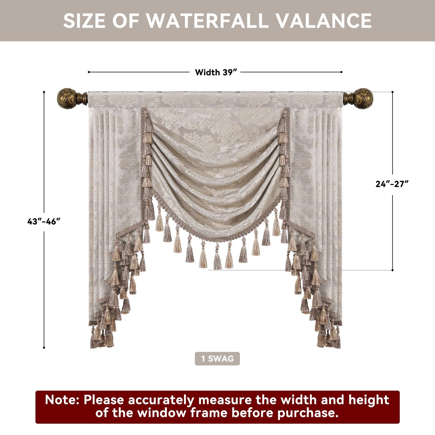 Loom and Mill Luxury Jacquard Waterfall Valance for Living Room, Floral Damask Swag Window Valances with Multi-Tassels, Elegant Swag Curtains for Bedroom Holiday Banquet Decor(W39, Light Taupe+Gold)