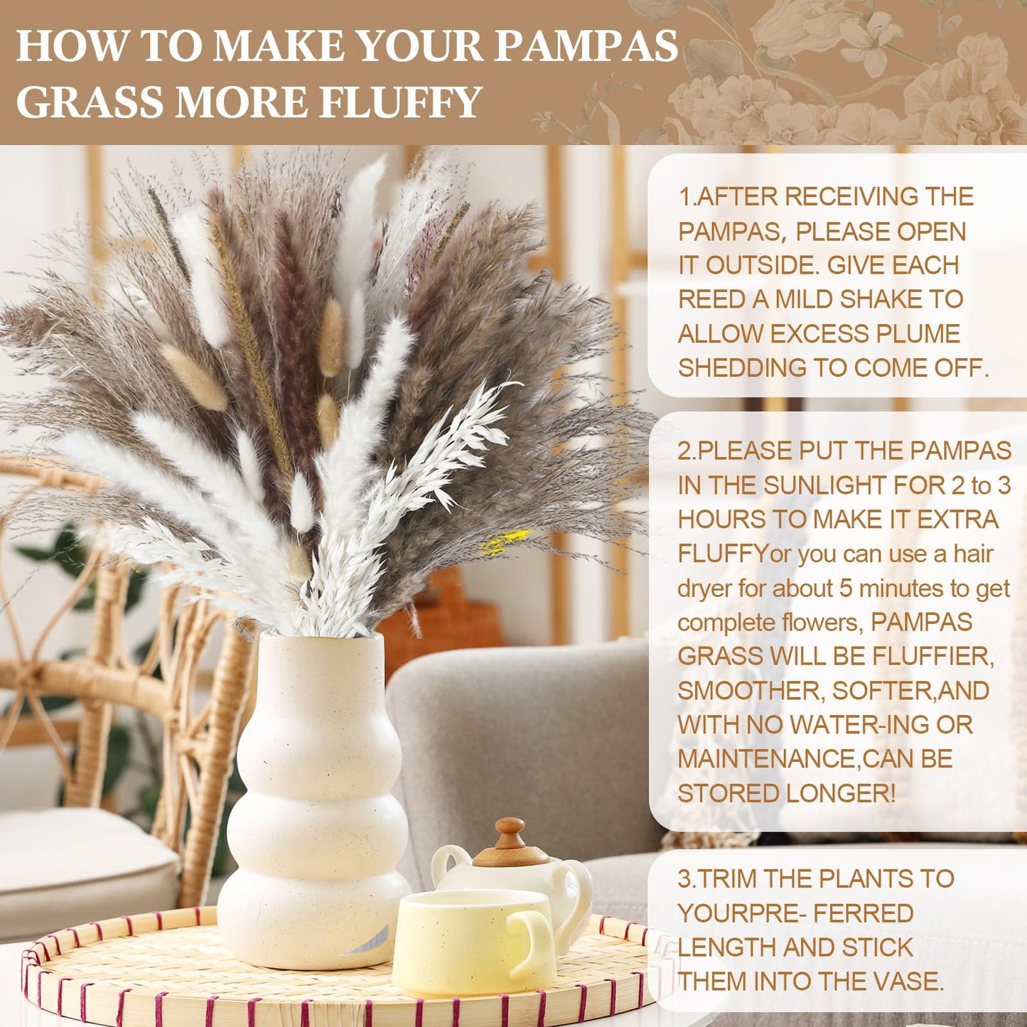 Nuanchu 703 Pcs Dried Pampas Grass Decor Boho Flower Bouquet Bulk with Bunny Tails, Reed Grass for Wedding Home Table Rustic Farmhouse Party Office(Retro Style)