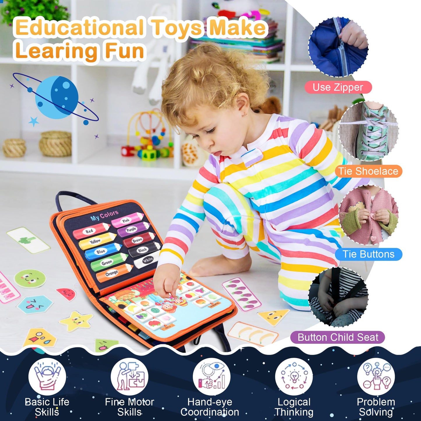 Toddler Busy Board Montessori Toys: for Toddlers 1-3 Year Old Educational Activity Book Sensory Board Travel Toy Ages 2-4 3-5 Learning Fine Motor Skills Preschool Quiet Book Gift for Boys Girls Kids