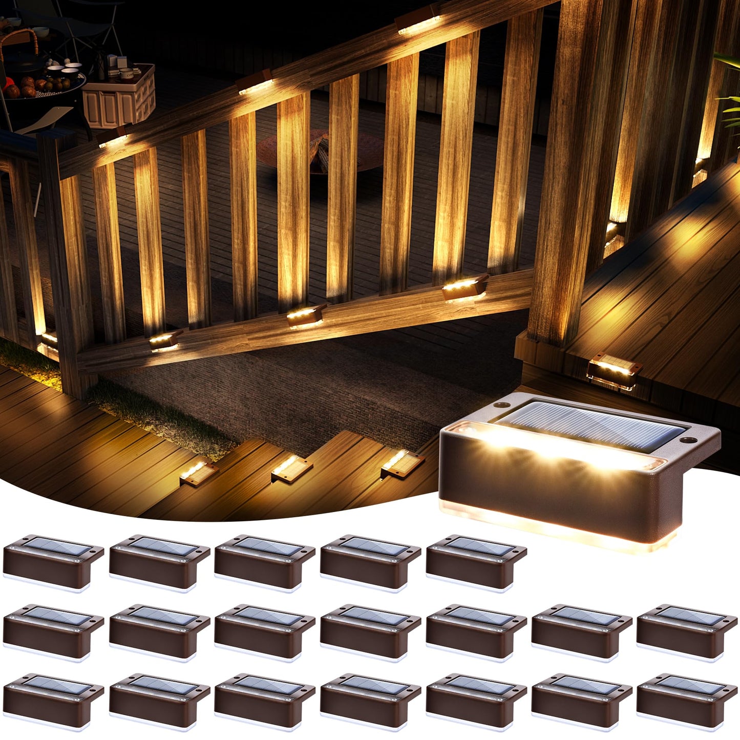 SOLPEX Solar Fence Lights, Solar Deck Lights Outdoor Waterproof Solar Powered for Step, Stair, Balcony,Front Porch,Garden, Walkway,Yard, Patio Decor, IP65 Waterproof (16 Pack, Warm White) 6 LEDs