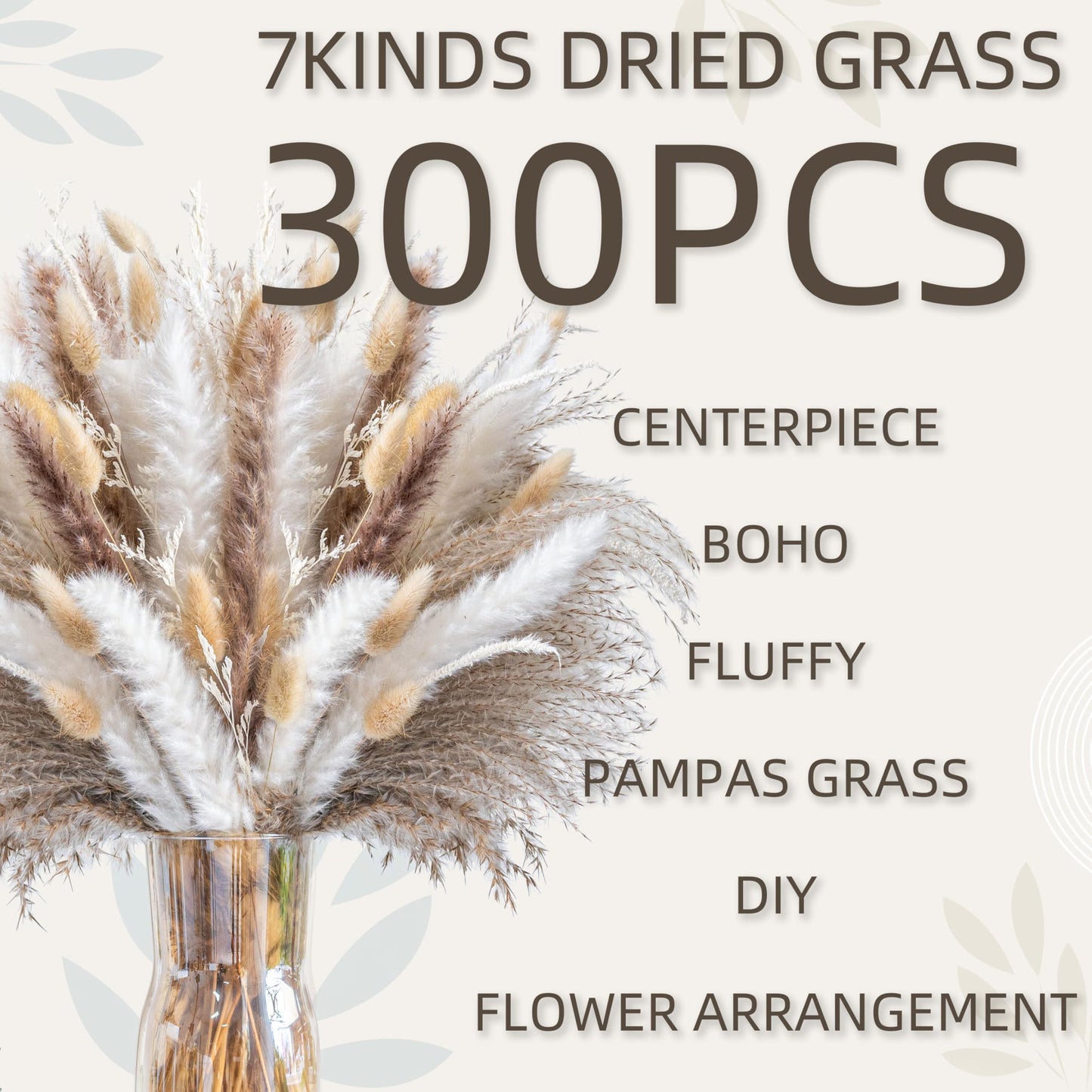 300PCS Natural Pampas Grass Mix Bouquet | Dried Pampas Bouquet for Wedding Boho Flowers Home Table Decor Desk Decor, Rustic Farmhouse Decor (300PCS)