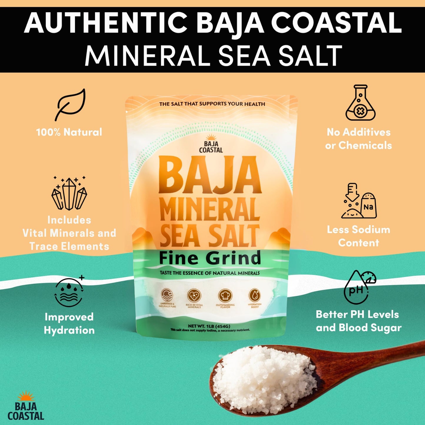 Baja Coastal - Baja Mineral Sea Salt, Fine Grind, 1lb - 16oz. 100% Organic & Unrefined, Rich in Essential Minerals, Low Sodium Salt, Perfect for Cooking, Plating, Hydration, and Grinding, Hand Harvested Crystals from the Sea of Cortez