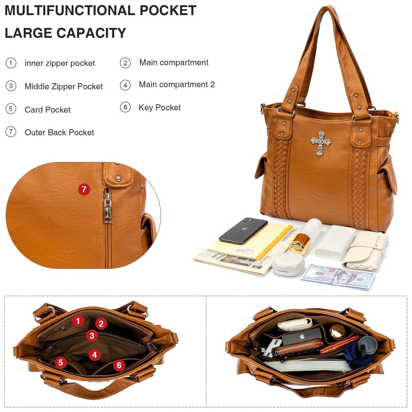 Purses and Handbags for Women Ladies Western Purse Large Hobo Bag Top Handle Handbag with Adjustable Crossbody Strap Vintage (Brown)