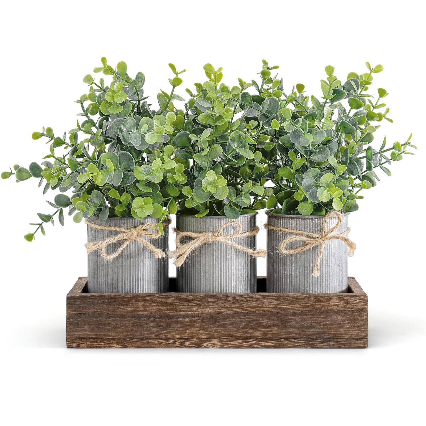 Dahey Centerpiece Table Decorations Coffee Table Decor Wood Tray 3 Galvanized Pots with Artificial Eucalyptus Plants Farmhouse Decor Table Centerpieces for Dinning Living Room Bath Kitchen, Brown
