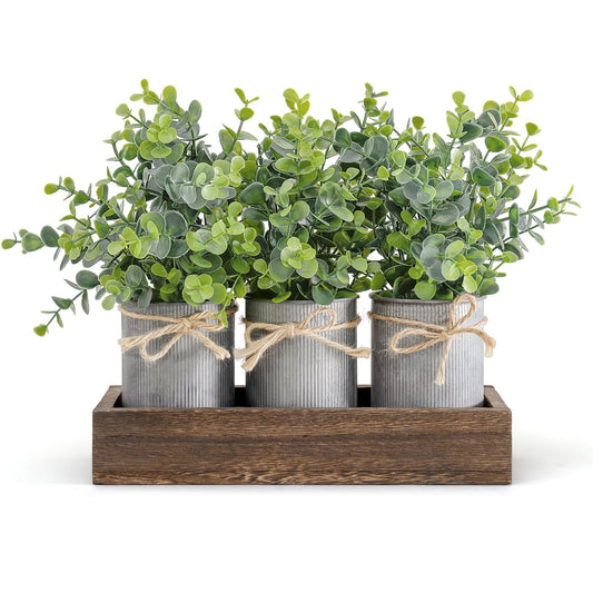 Dahey Centerpiece Table Decorations Coffee Table Decor Wood Tray 3 Galvanized Pots with Artificial Eucalyptus Plants Farmhouse Decor Table Centerpieces for Dinning Living Room Bath Kitchen, Brown