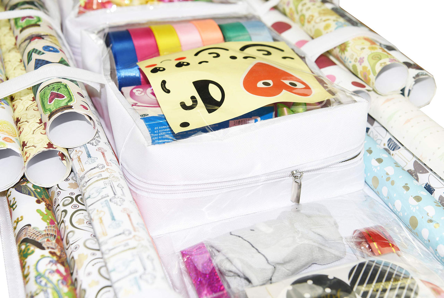 Double Sided Hanging Gift Wrap Organizer | Large 16" x 41" Wrapping Paper Rolls Storage Bag | Tearproof & Space Saving Closet Gift Bag Organization Solution | Sturdy Zippers & Robust Adhesive Strip