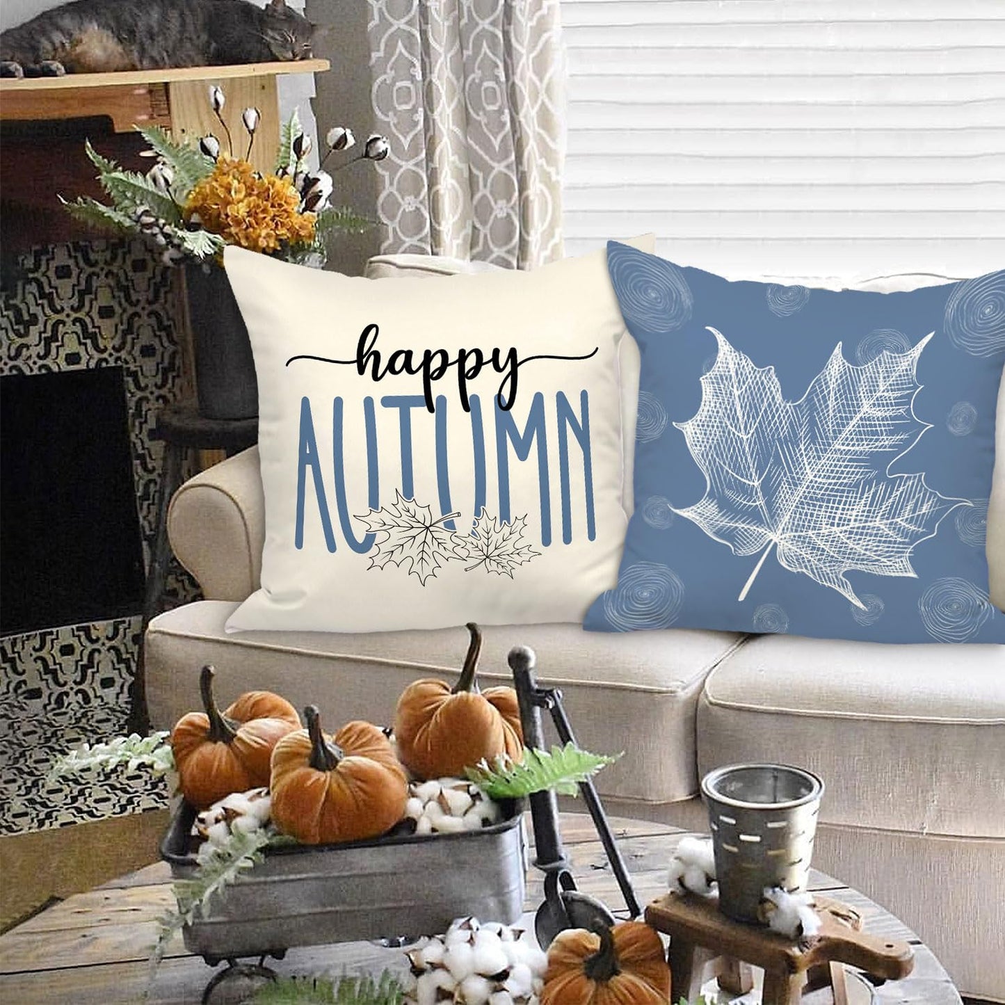 Ywlake Blue 18x18 Throw Fall Pillow Covers Set of 4, Maple Leaf Pumpkin Decorative Holiday 18 x 18 Autumn Cushion Covers Thanksgiving Pillow Case for Indoor Home Bedroom Couch Sofa Decor
