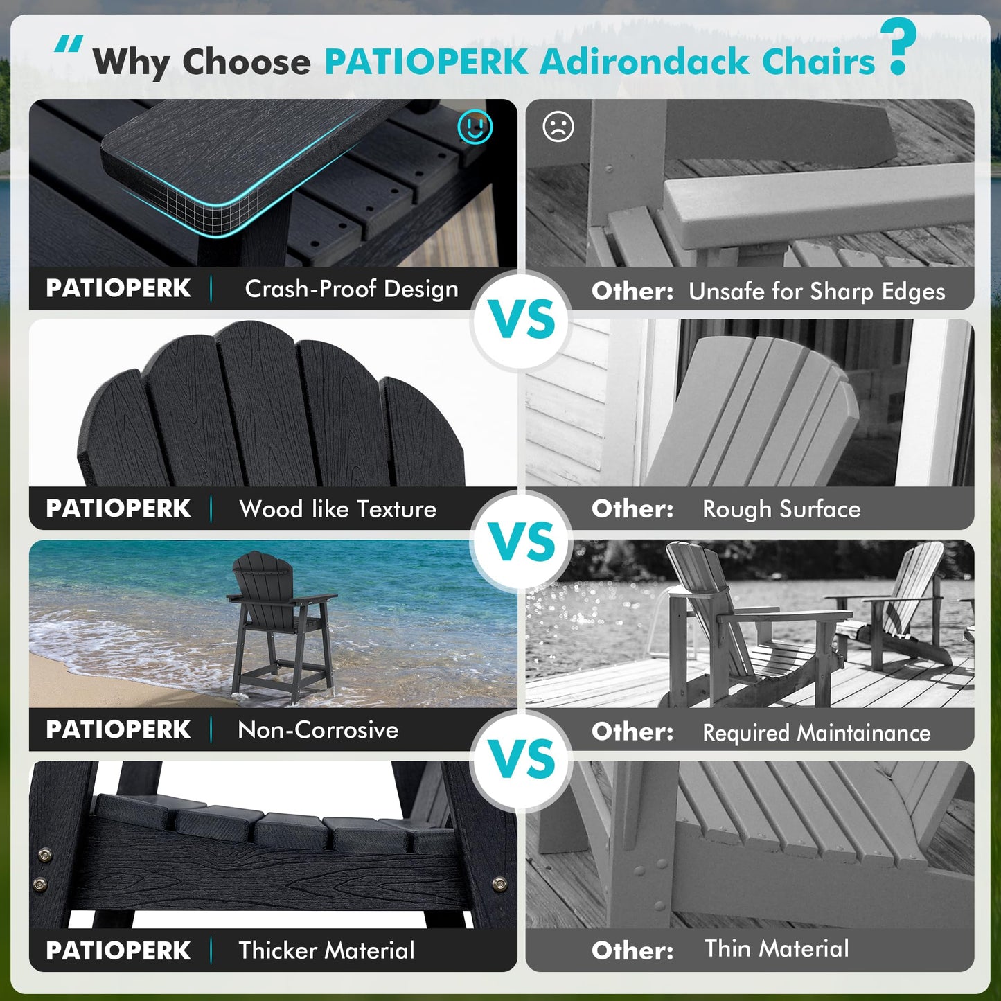 PatioPerk Tall Adirondack Chair Set of 2 with Double Connecting Tray, Recycled HDPE with Wood Grain, Weather Resistant, Outdoor Adirondack Chairs for Deck, Balcony, Patio, Backyard, Black