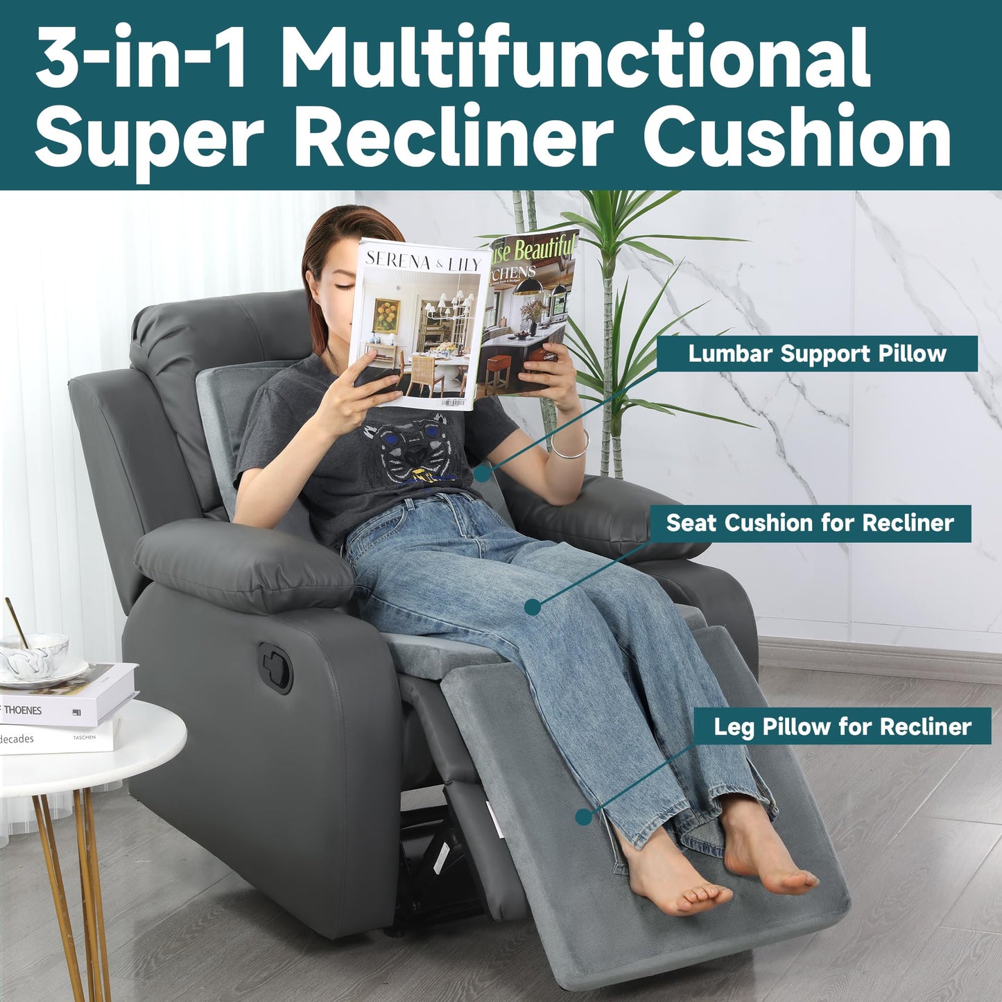 HOMBYS 3-in-1 Recliner Seat Cushion with Lumbar Support Pillow & Footrest, Multi-Functional Adjustable Height 2" to 6" for You to Choose, Non-Slip Foam Chair Cushion for Elderly, Light Grey