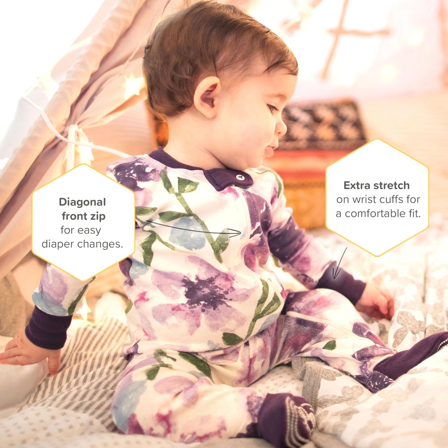 Burt's Bees Baby baby girls Pajamas, Zip Front Non-slip Footed Pjs, 100% Organic Cotton and Toddler Sleepers, Purple Watercolor Daylily, 18 Months US