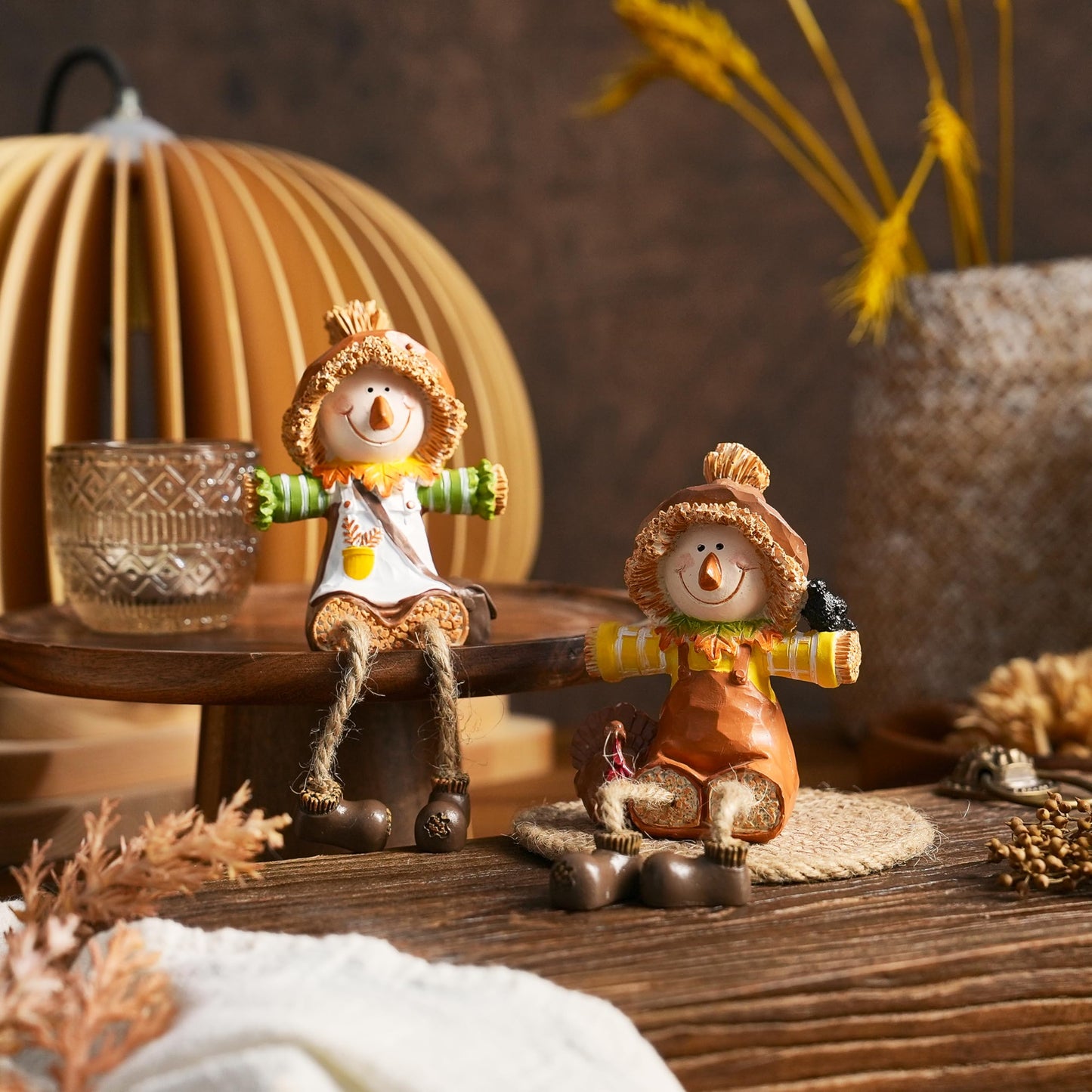 FESTGLOX Scarecrow Fall Decor, 2Pcs Harvest Scarecrow Figurines Indoor Fall Shelf Sitters with Dangling Legs, Resin Small Scarecrow for Autumn Thanksgiving Tabletop, Fireplace, Farmhouse Decor