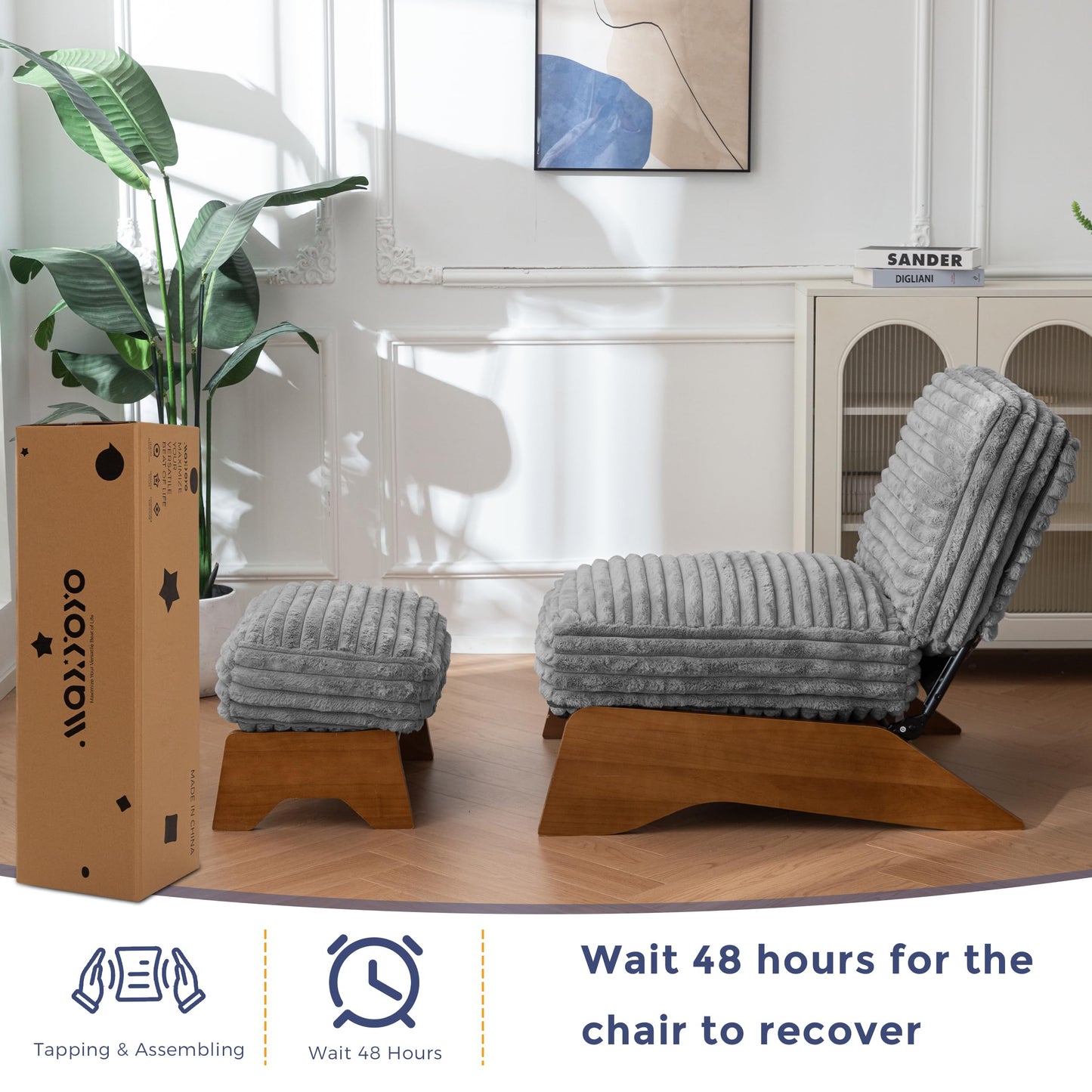 MAXYOYO Modern Adjustable Accent Chair with Ottoman, Upholstered Living Room Chair with Footrest Set, Soft Reclining Lounge for Bedroom, Apartment, Office, Grey