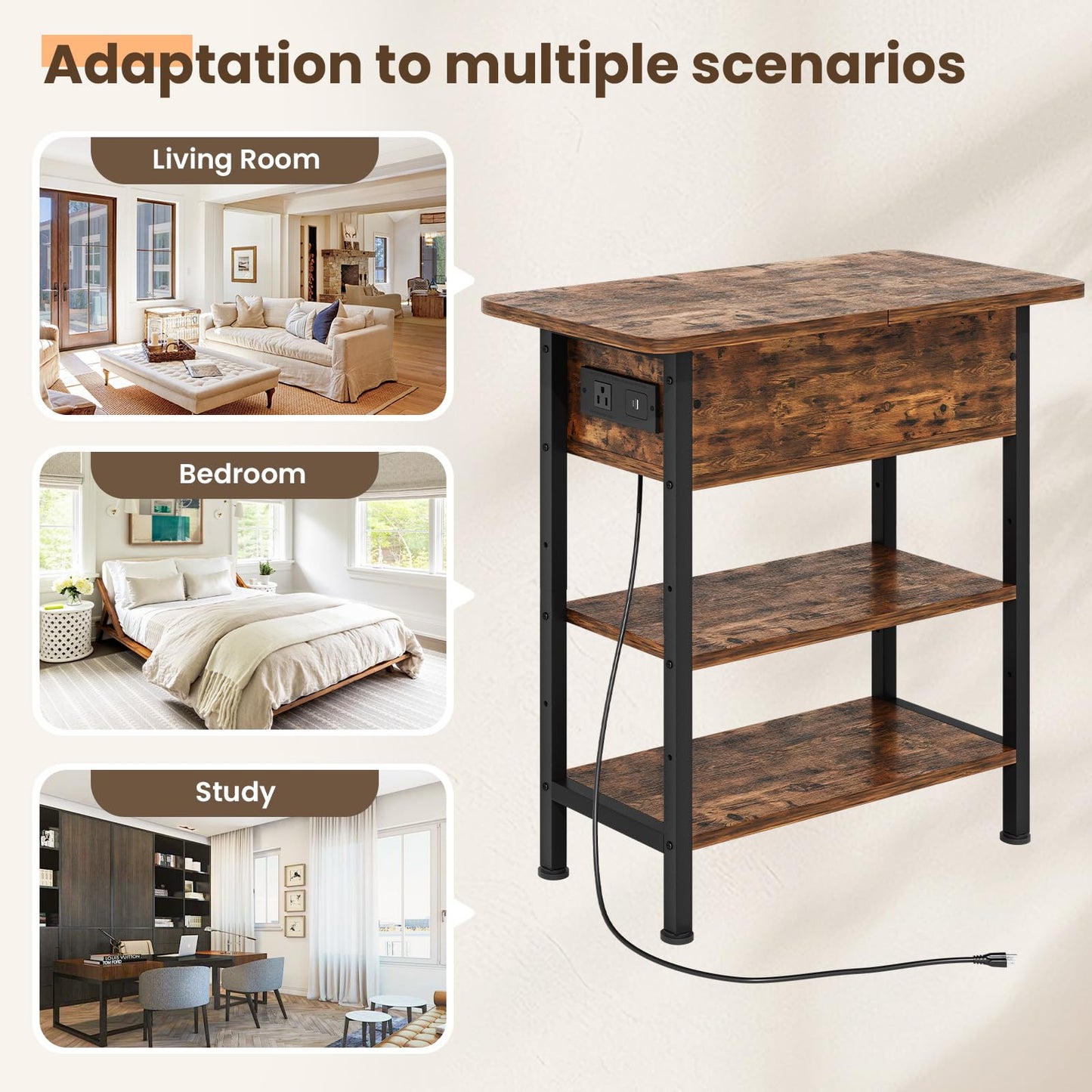 GRUSIGN End Table with Charging Station, Flip Top Side Table with USB Ports and Outlets, 3-Tier Small Side Table with Storage for Small Space, End Tables for Living Room/Bedroom, Brown