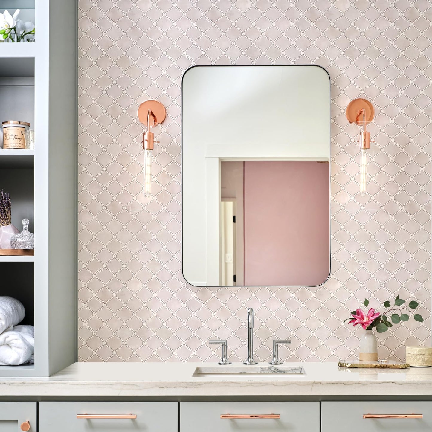 STICKGOO Arabesque Peel and Stick Backsplash, 12”X12” Backsplash Tile for Kitchen Peel and Stick, Self Adhesive Wall Tile Stick on Tiles (Pink Grey)