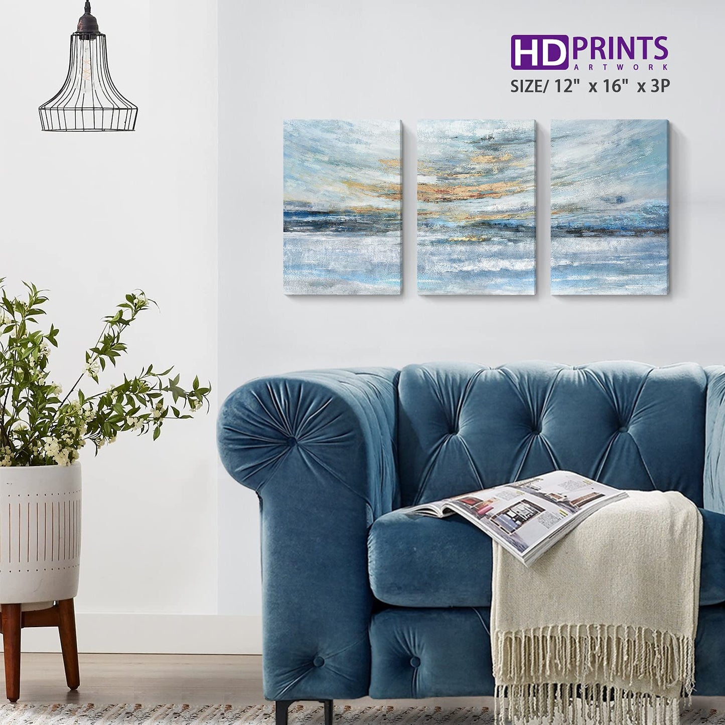 Abstract Canvas Wall Art for Bedroom 3 Piece Ocean Painting Coastal Theme Artwork Blue and Yellow Sunset & Sunrise on the Beach Seascape Picture for Bathroom Living Room Light 12x16inchx3 panel