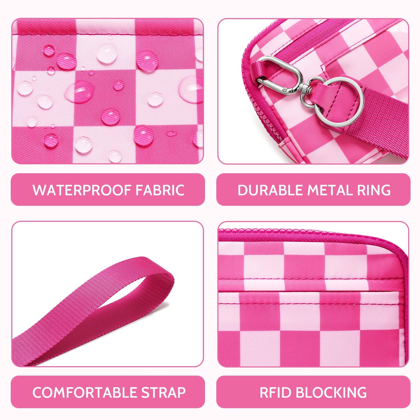 FODOKO Wristlet wallets for women Nylon Quilted Wallet with 4 Zippers,Travel Credit Card,Holder Cell Phone Organizer,coin purse (rose red)