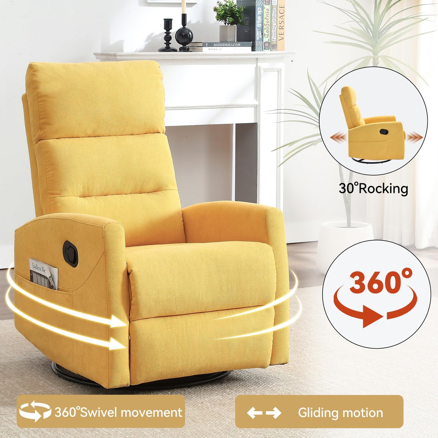 360° Swivel Recliner Chair for Adults, Upholstered Glider Rocking Chair Nursery with Adjustable Backrest & Footrest, Small Recliners for Small Spaces Living Room Bedroom (Yellow)