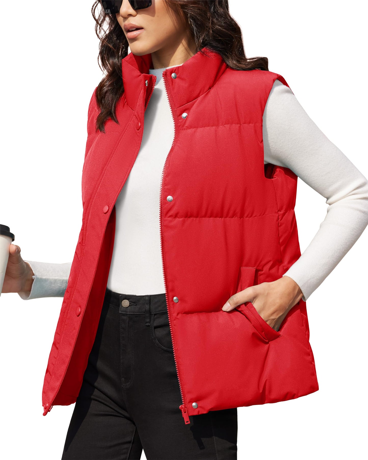 MAGCOMSEN Women Lightweight Down Vest Sleeveless Warm Puffy Quilted Puffer Vests Oversized Outerwear Fall Winter Jackets Water-Resistant Red