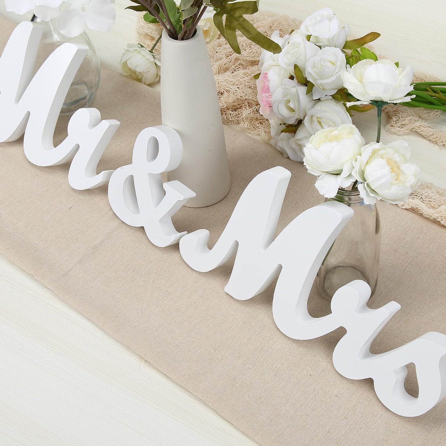 GarveeHome Large Mr & Mrs Sign for Wedding & Anniversary Centerpiece Table Decor, Freestanding White Wooden Letter