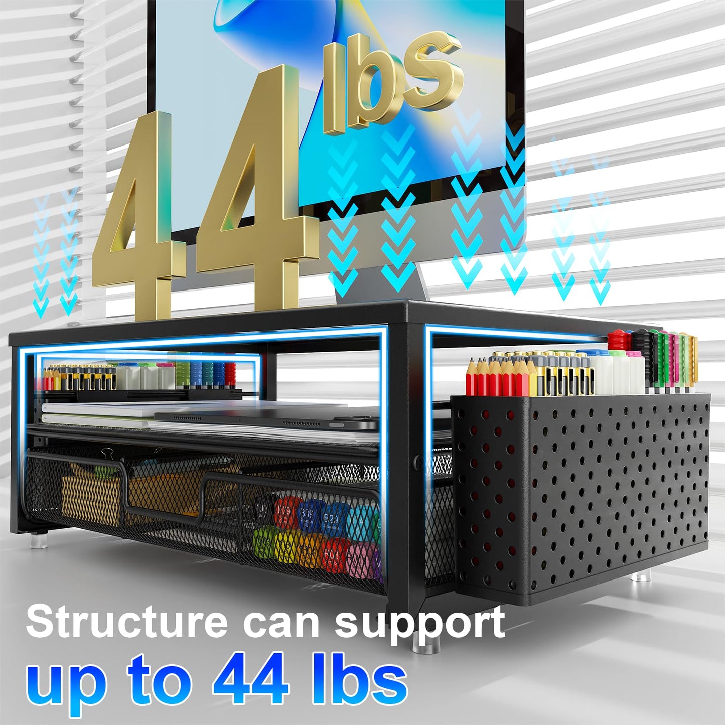 gianotter Desk Organizers and Accessories, Monitor Stand with Drawer and 2 Pen Holder, Desktop Organizer Suitable for Offices and Dormitories (Black)