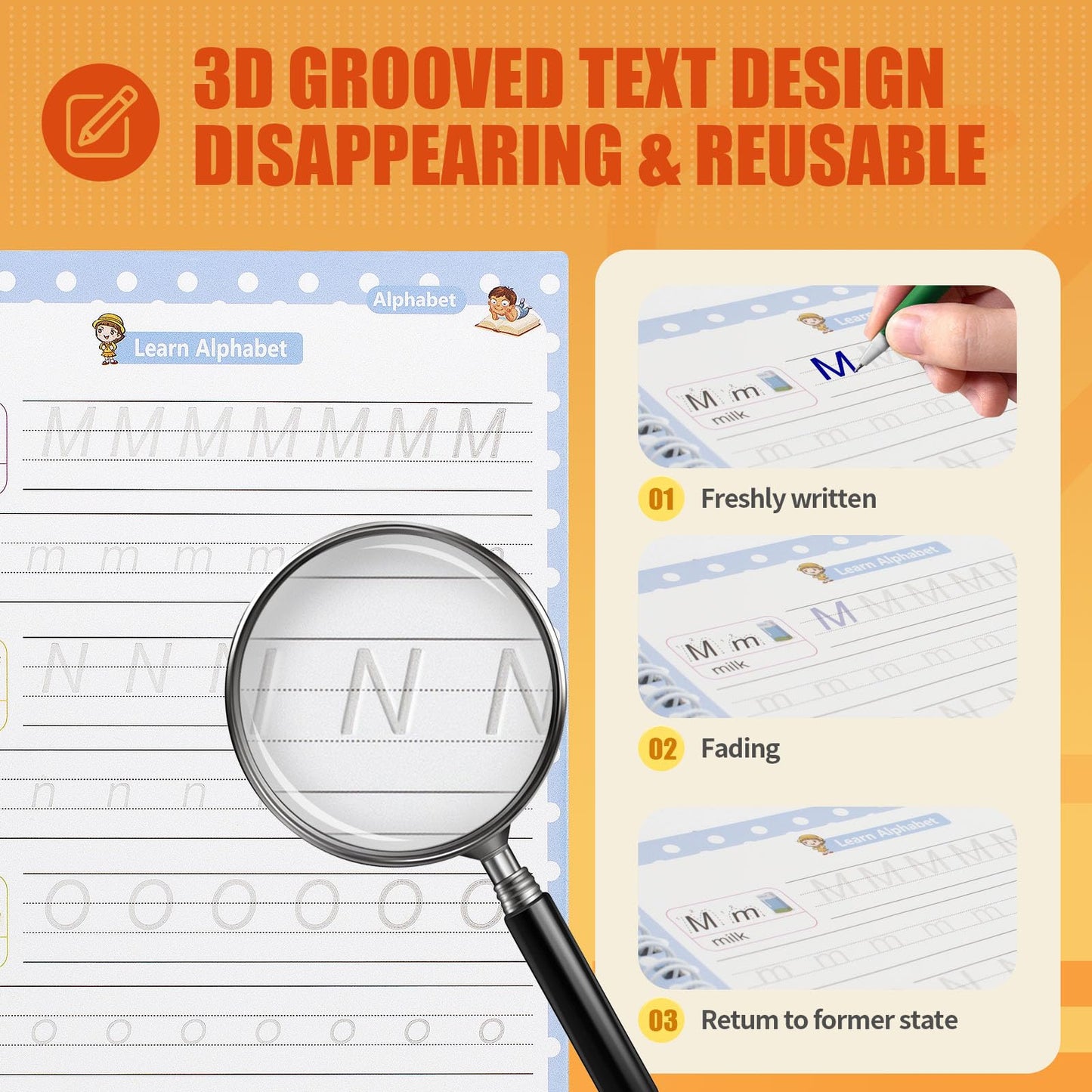 Upgraded Large Size Magic Practice Copybook for Kids, Reusable Grooved Handwriting Practice Book for Preschool Kids Age 3-8 Calligraphy with Catus Pens & Storage Bag (5PCS 7.3 * 10.3 inch)