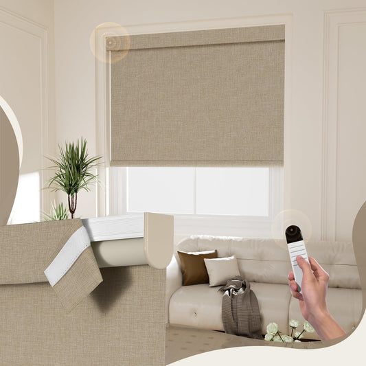 Boolegon Motorized 100% Blackout Roller Blinds with Remote, Smart Electric Window Shade, Compatible with Alexa, Google Home & Apple HomeKit via Hub, Easy Install for Home/Office, Beige, Custom Size