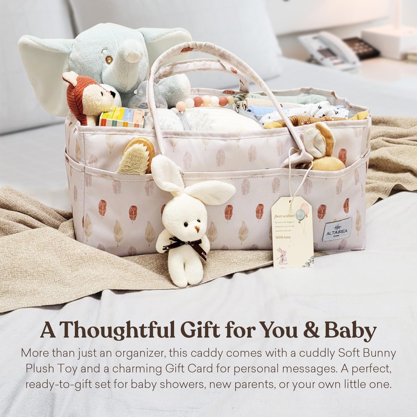 Baby Diaper Caddy Organizer with Plush Toy – Portable Felt Storage Caddy for Nursery, Car, and Changing Table – Baby Organizer Basket, Diaper Organizer, Baby hamper, Baby Shower or Newborn Gift