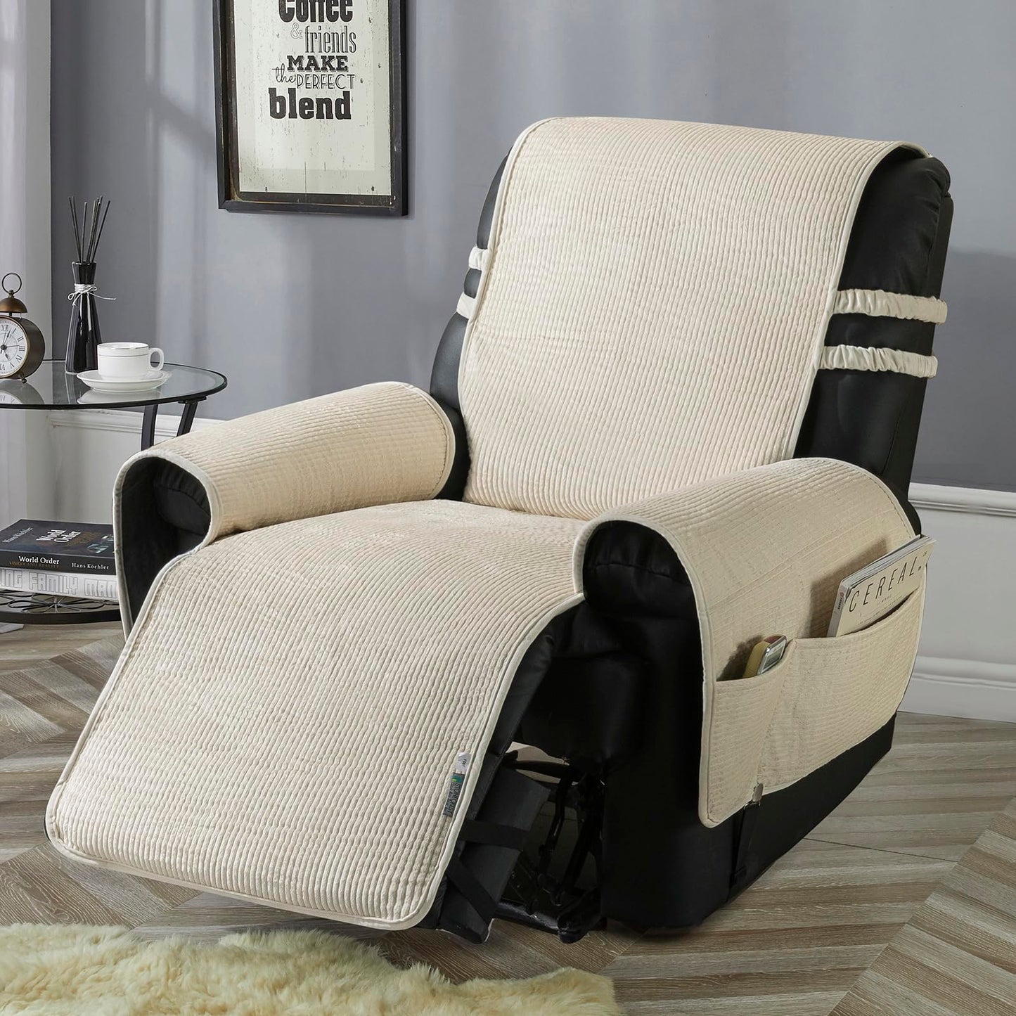 STONECREST Non Slip Recliner Chair Cover - Corduroy Cotton Face Recliner Slipcover Stay in Place (Cream, Recliner 23" Regular)