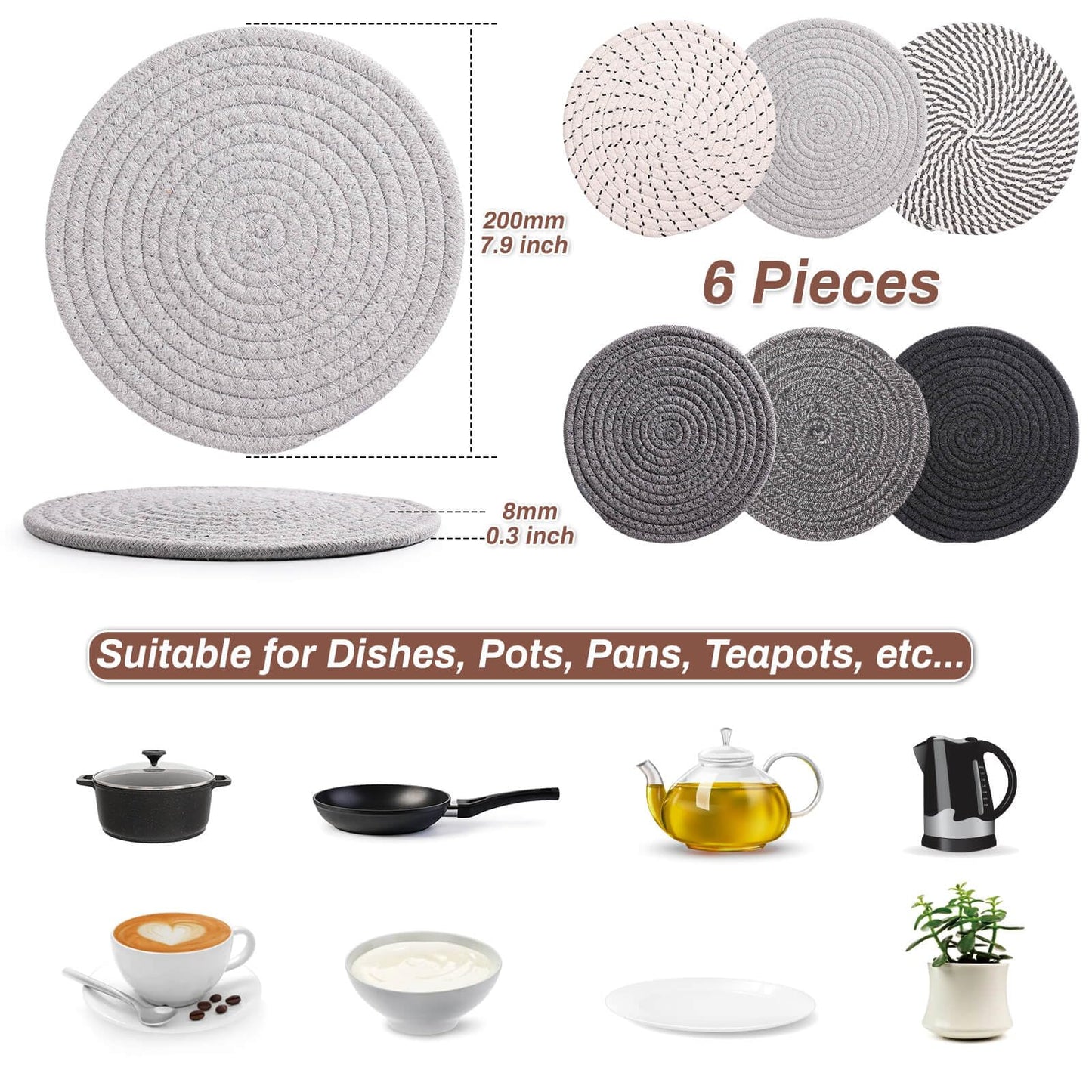 Billbotk 8'' Trivets Hot Dishes, Hot pots and Pans, 6 Heat Resistant Hot Pads, Pot Holders Kitchen, Hot Plate Mats Kitchen Countertops, Table, Home Essentials New Home and Farmhouse Decor