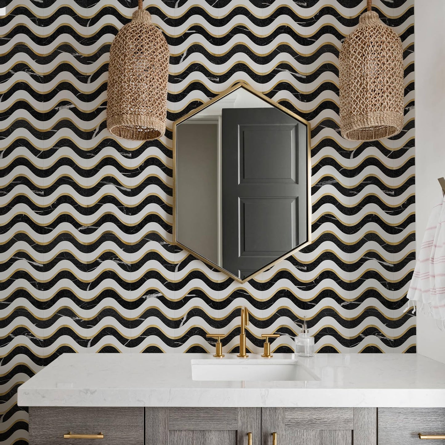 Vamos Tile 10-Sheet Peel and Stick Backsplash Seamless Tile,Stick on Backsplash for Kitchen and Bathroom, Black Marble Look+ Pure White PVC Mixed Metal Gold Self Adhesive Wall Tiles