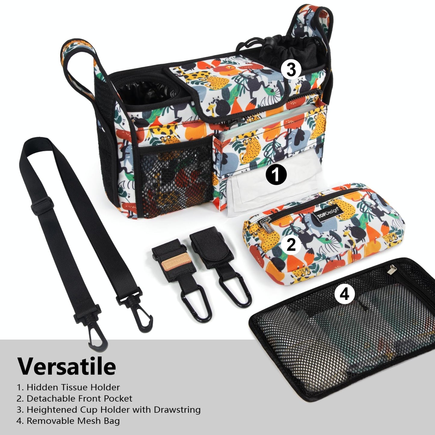 TOPDesign Universal Baby Stroller Organizer, Stroller Caddy with Detachable Mesh Bag & Heightened Insulated Cup Holders & Non-Slip Secure Hooks Accessories, Fits Most Strollers (Zoo)