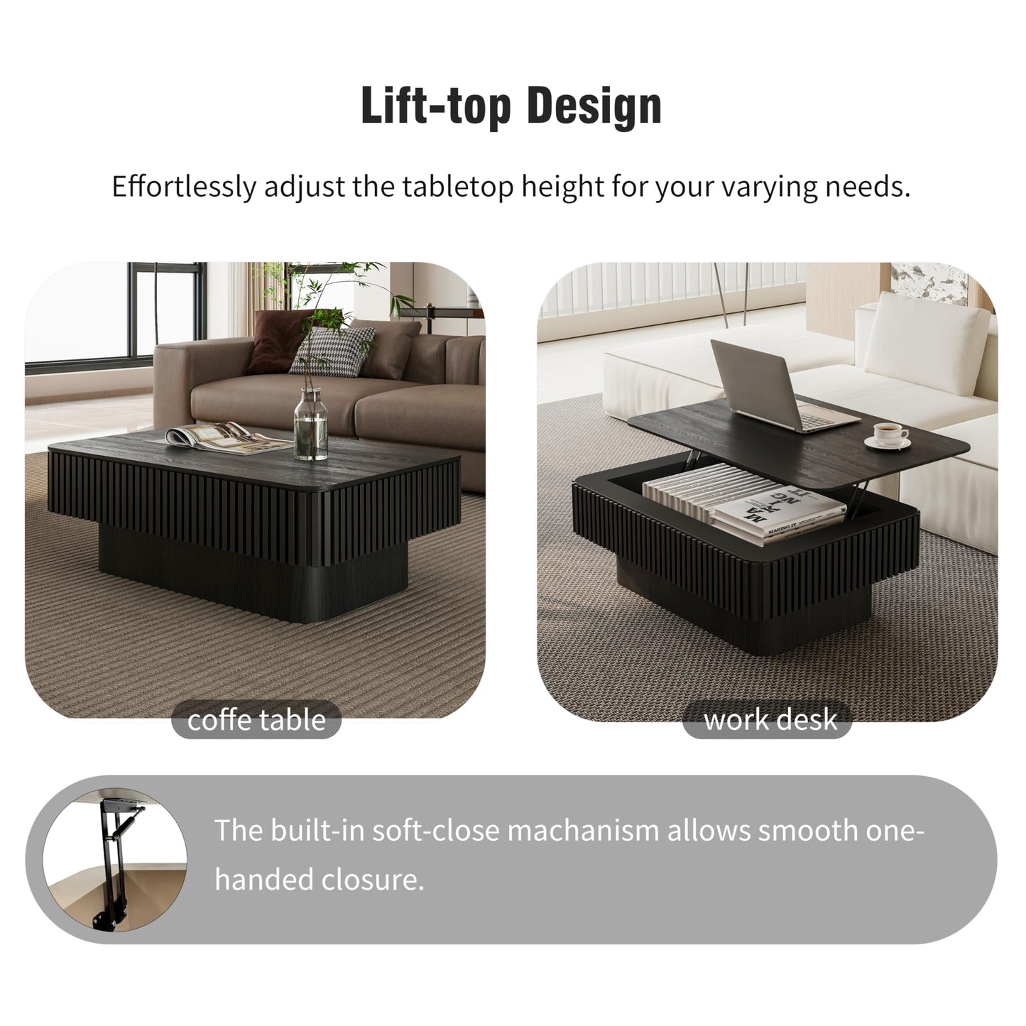 Black Coffee Table with Lifting Top Storage for Living Room,Fluted Lift Up Coffee Tables with Storage Solid Wood Center Table 38.6'' Modern Smart Rectangular Lift Up Tabletop for Apartment Office