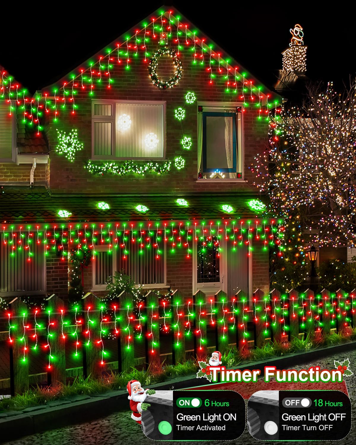 JIXXULVU Christmas Lights Outdoor, 53 FT 486 LED Christmas Lights for Outside, Timer & Memory, Plug in 8 Modes Hanging Fairy Light with 108 Drops for House Eaves Yard Patio Decorations, Red Green