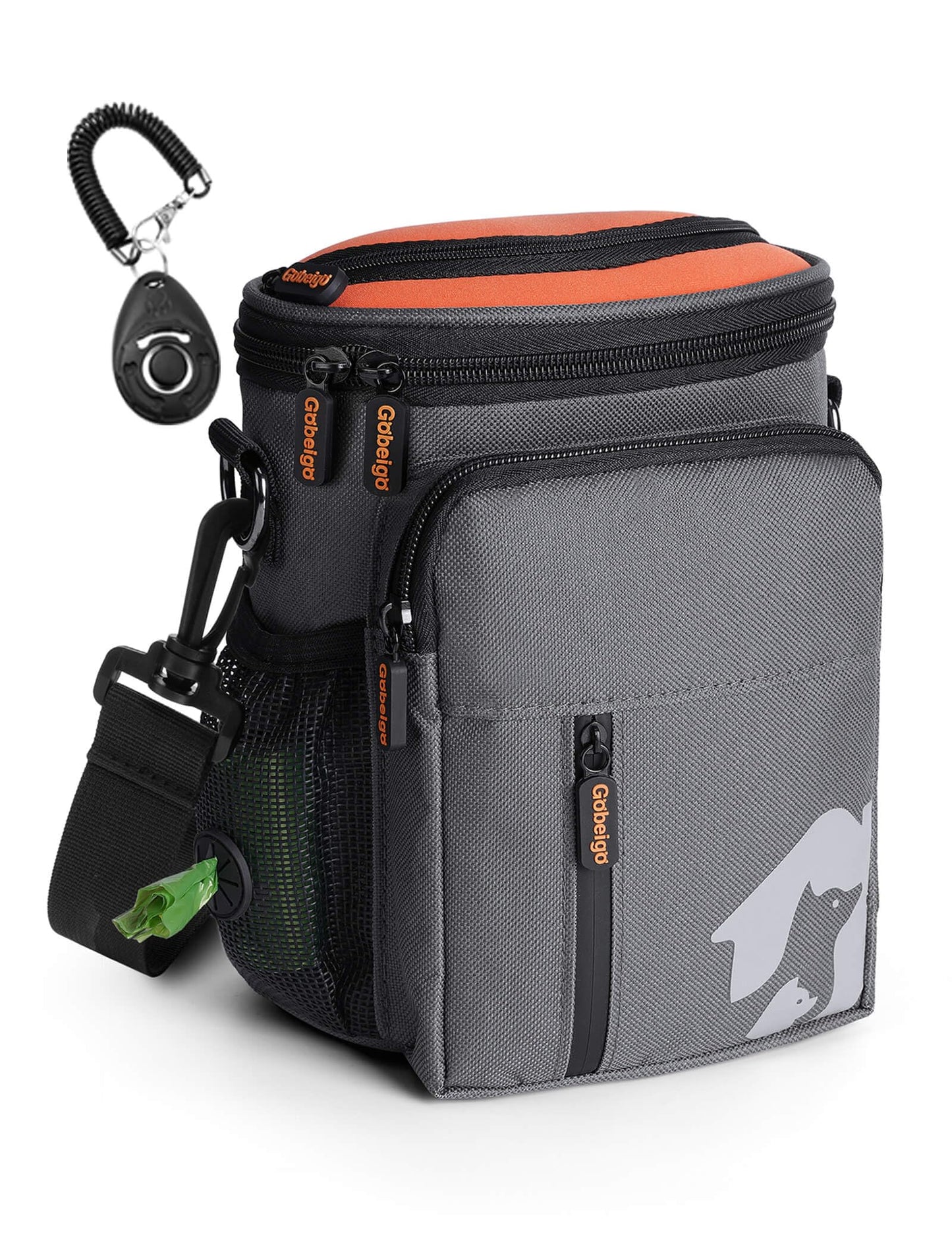 Gobeigo【8 Cup】Dog Treat Pouch【3 Ways to Wear 】Treat Bag for Training & Walking, Built-in Poop Bag Dispenser, Large Phone Friendly (Gray & Orange)