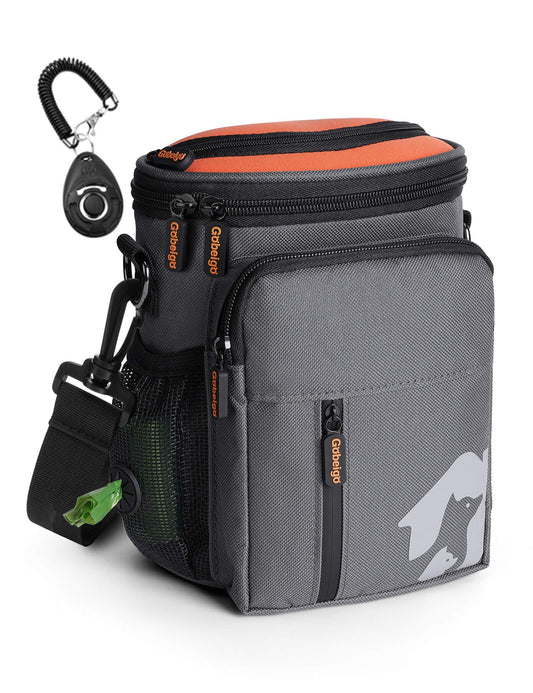 Gobeigo【8 Cup】Dog Treat Pouch【3 Ways to Wear 】Treat Bag for Training & Walking, Built-in Poop Bag Dispenser, Large Phone Friendly (Gray & Orange)