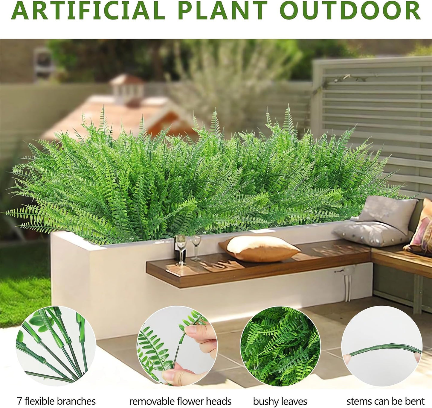 UV Resistant Lifelike Artificial Boston Fern - 2024 New Faux Boston Ferns Outdoor Planter Large, Realistic Fake Feen Hanging Silk Fern Stems Indoor Basket Plant Urn Fillers Front Porch (2, Green)