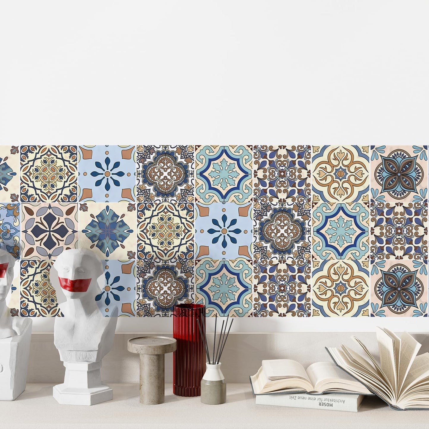 Moroccan Tile Stickers 30-Pack, 4x4inch – Peel and Stick Vinyl Decals, Waterproof Removable Backsplash Tiles for Kitchen, Bathroom & Furniture Decor