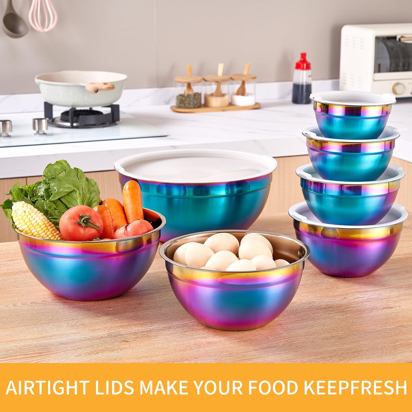 Onlycooker Rainbow Mixing Bowls With Airtight Lids,Stainless Steel Bowl,Salad Bowls 7 Piece Colorful Nesting Bowl Rainbow Kitchen Accessories,Size 7,3.6,2.7,2.1,1.5,1.1,0.8QT Stackable Design