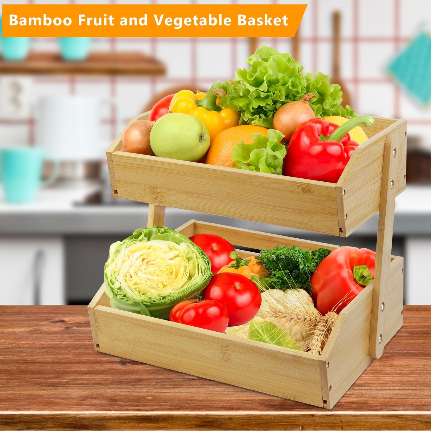mobzio Fruit Basket Stand, 2 Tier Fruit Basket for Kitchen Counter, Produce Basket for Fruit and Vegetable Storage, Bamboo Basket Fruit Bowl Display Rack, Fruit Holder Snack Organizer