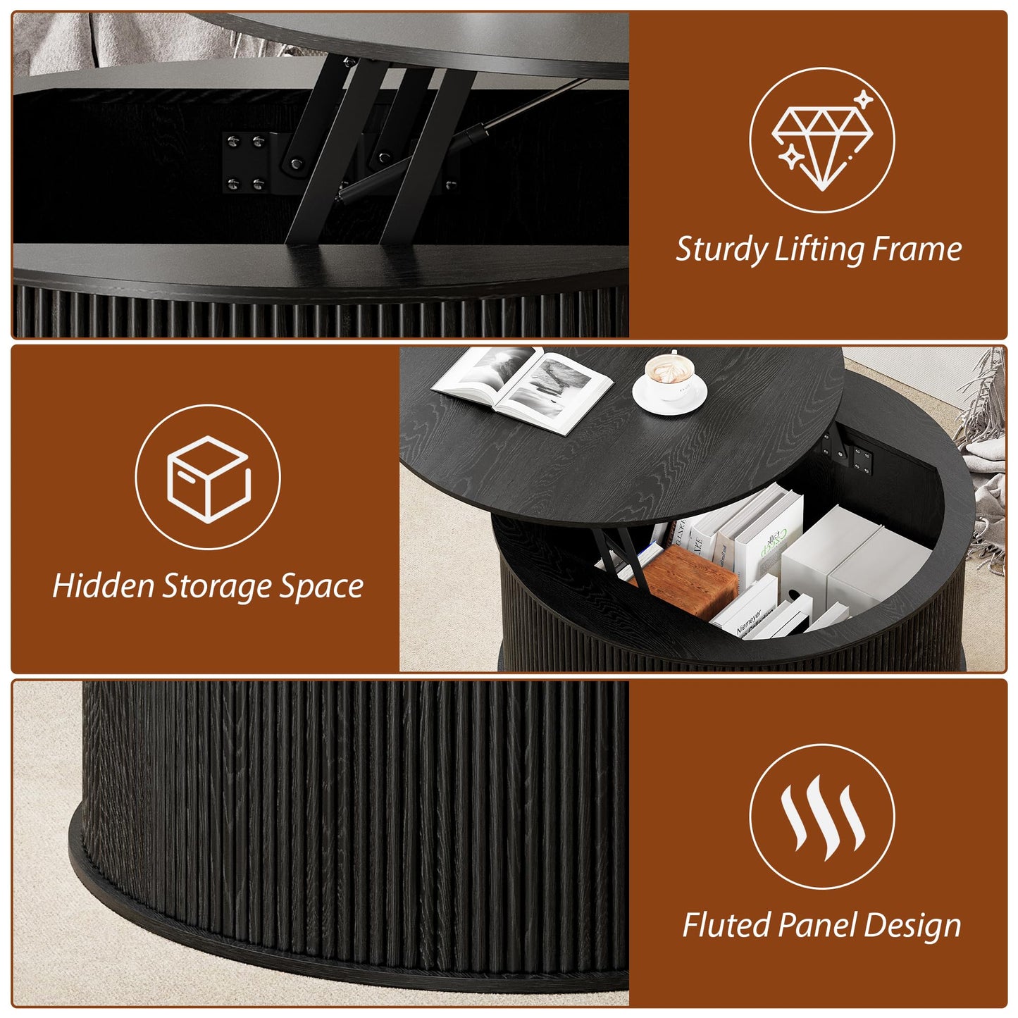 NVETHM Round Coffee Table, Lift Top Coffee Table with Storage, Farmhouse Fluted Center Table Circle Dining Table for Living Room, Reception Room, Home Office (Black)