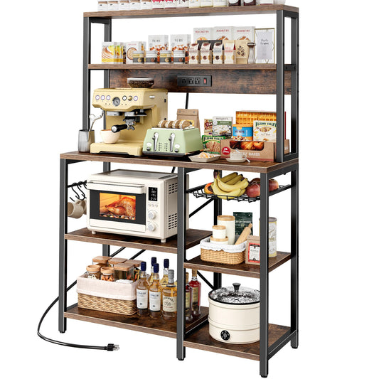 SUPERJARE Bakers Rack with Power Outlet, 35.4 Inches Coffee Bar with Wire Basket, Kitchen Microwave Stand with 6 S-Shaped Hooks, Open Storage Shelves, Rustic Brown