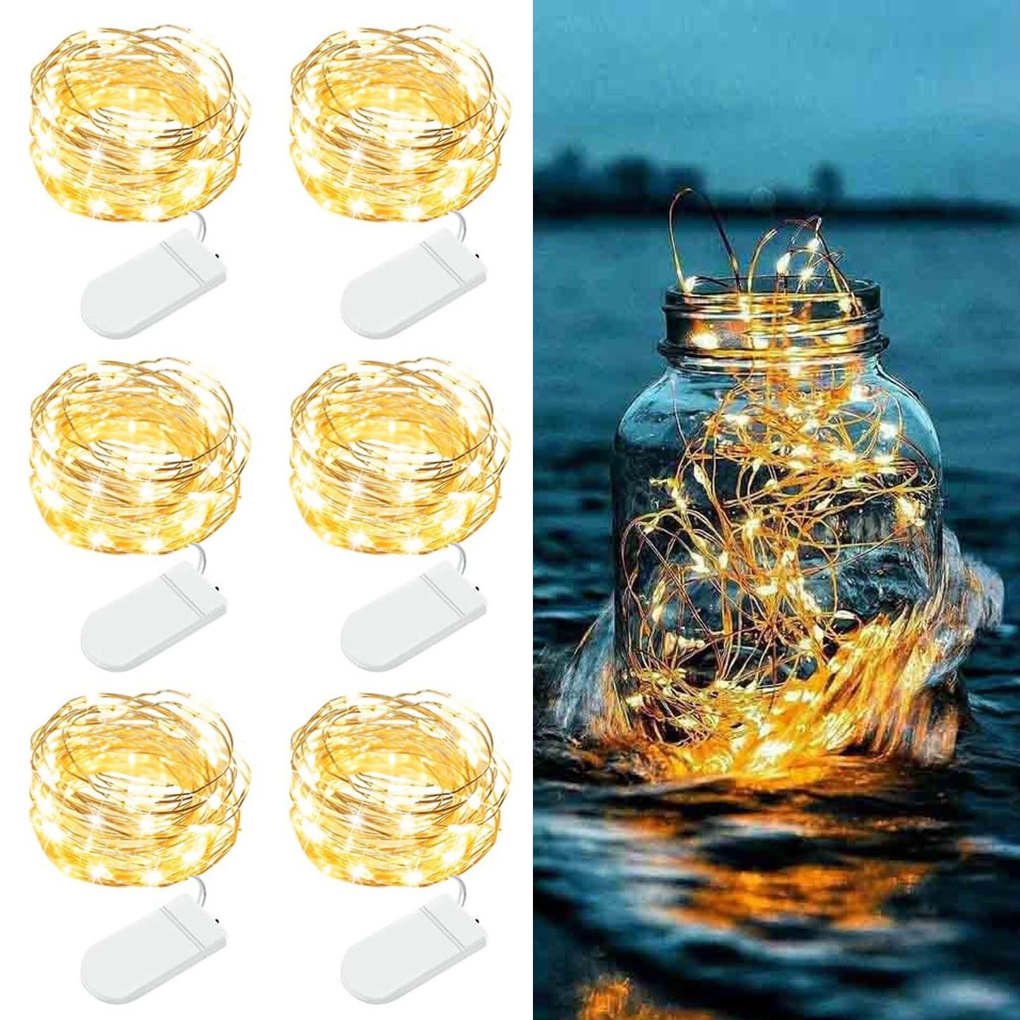 6 Pack Fairy Lights Battery Operated - 7ft 20 LED Twinkle Lights Copper Wire Mini String Lights Firefly Lights for Mason Jars DIY Crafts Christmas Wedding Party Centerpiece Table Decor, Warm White