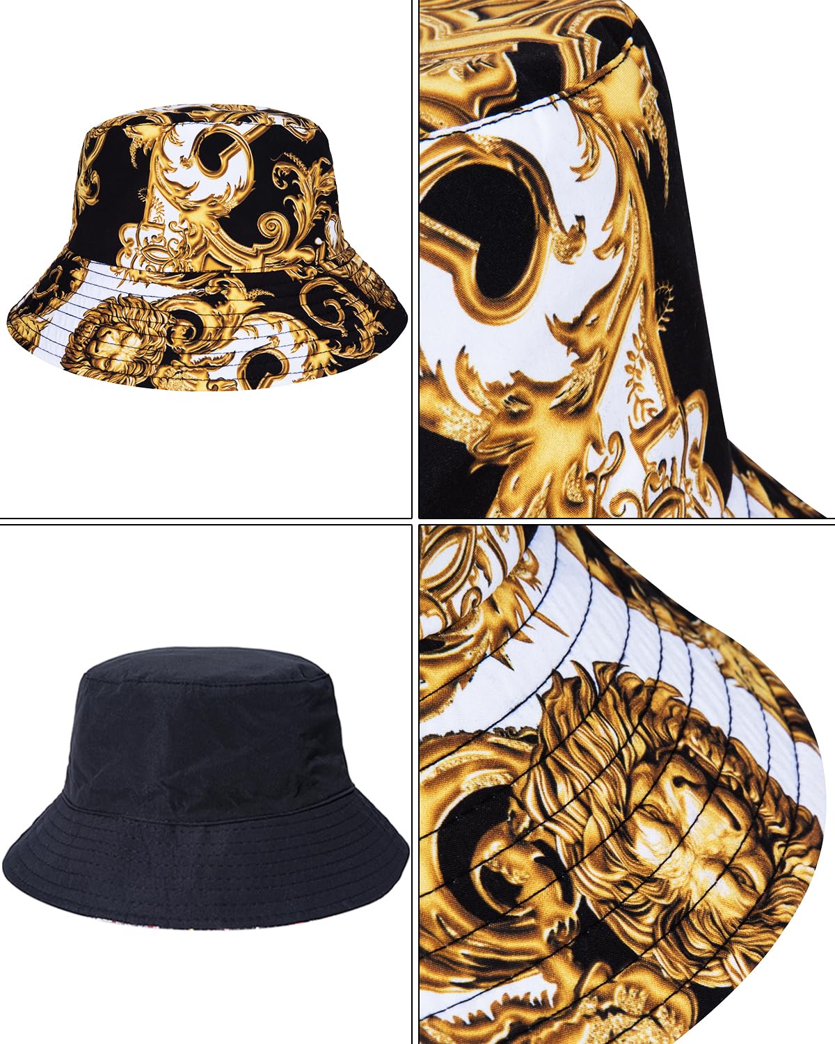 fohemr Mens Luxury Outfit Set Black Gold Shirts And Shorts 2 Piece Tracksuit Set Baroque Button Down Chain Print Suit with Bucket Hats 4X-Large