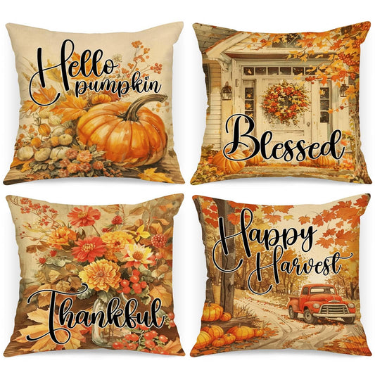 Benjia Fall 18x18 Throw Pillow Covers Set of 4, Watercolor Pumpkin hut car Decorative Holiday Pillow Case 18 x 18 Autumn Cushion Covers Thanksgiving Pillowcase for Indoor Home Bedroom Sofa Decor