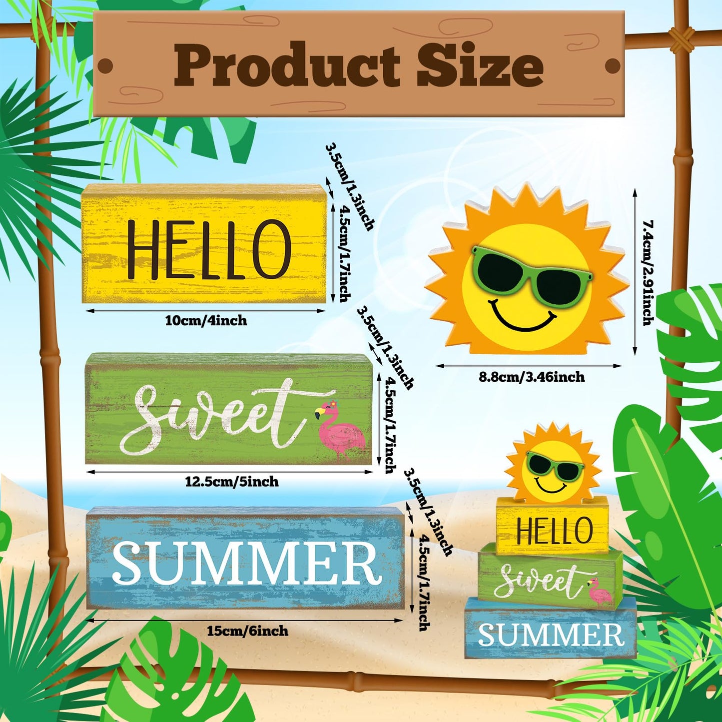 Yuntau 4 Pcs Summer Wooden Tabletop Decor Hello Sweet Summer Tiered Tray Decor Sunshine Centerpiece Rustic Summertime Decorative Block Signs Gift Farmhouse Table Decoration for Home Kitchen