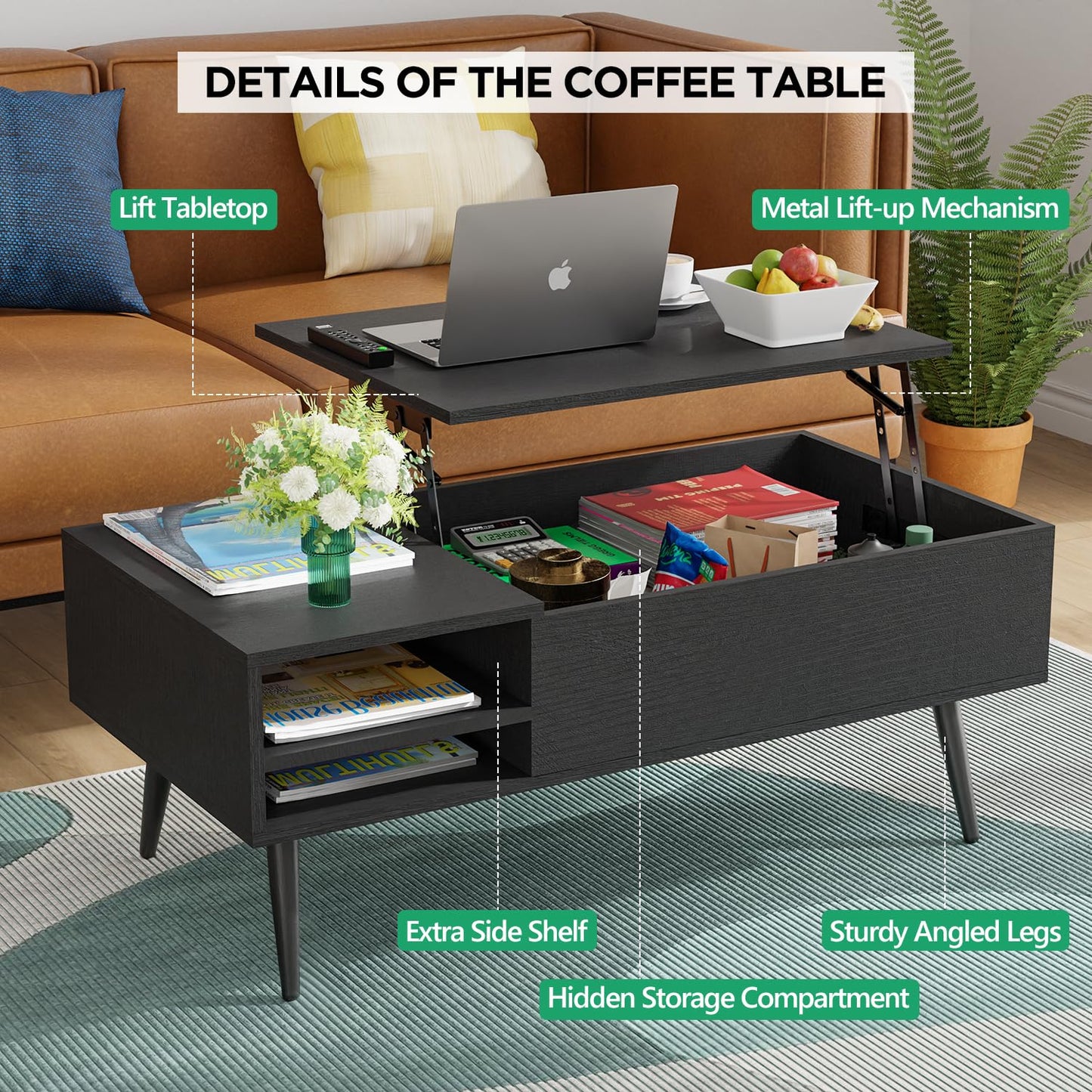PayLessHere Lift Top Coffee Table with Adjustable Storage and Hidden Compartment Small Wood Coffee Table Center Table for Home Living Room Office Apartment Reception Room,Black