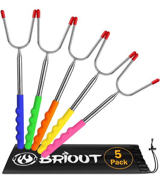 Briout Extendable Marshmallow Roasting Sticks- Extra Long 45'' Stainless Steel Smores Sticks for Fire Pit, Smore Skewers Hot Dog Fork Campfire Accessories, Camping Essentials for S'mores- 5 Pack