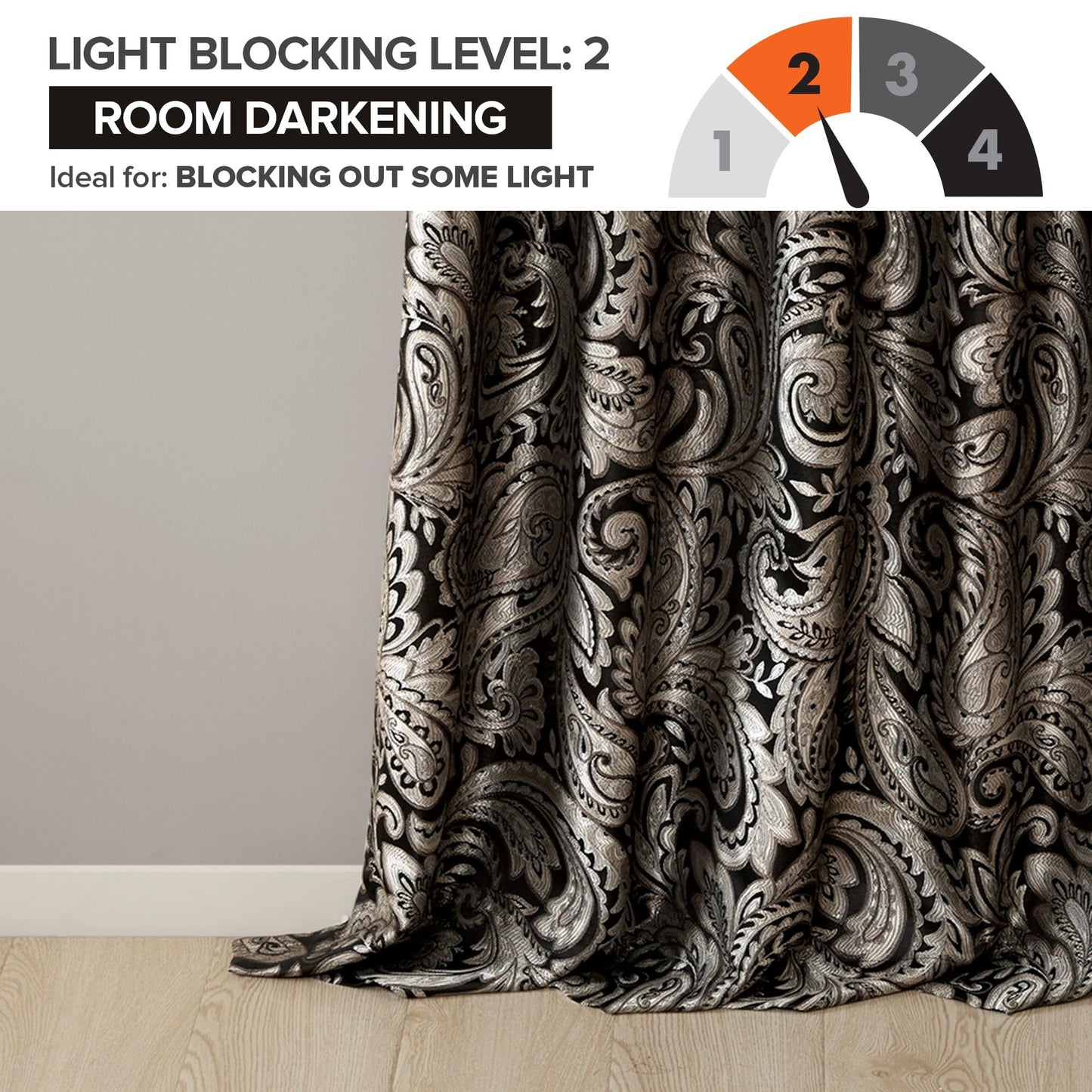 Madison Park Aubrey 2 Panel Curtain Faux Silk Paisley Jacquard, Rod Pocket Curtain For Living Room, Kitchen, Room Darkening Window Drape for Bedroom and Dorm, 2-PK 50x84", Black